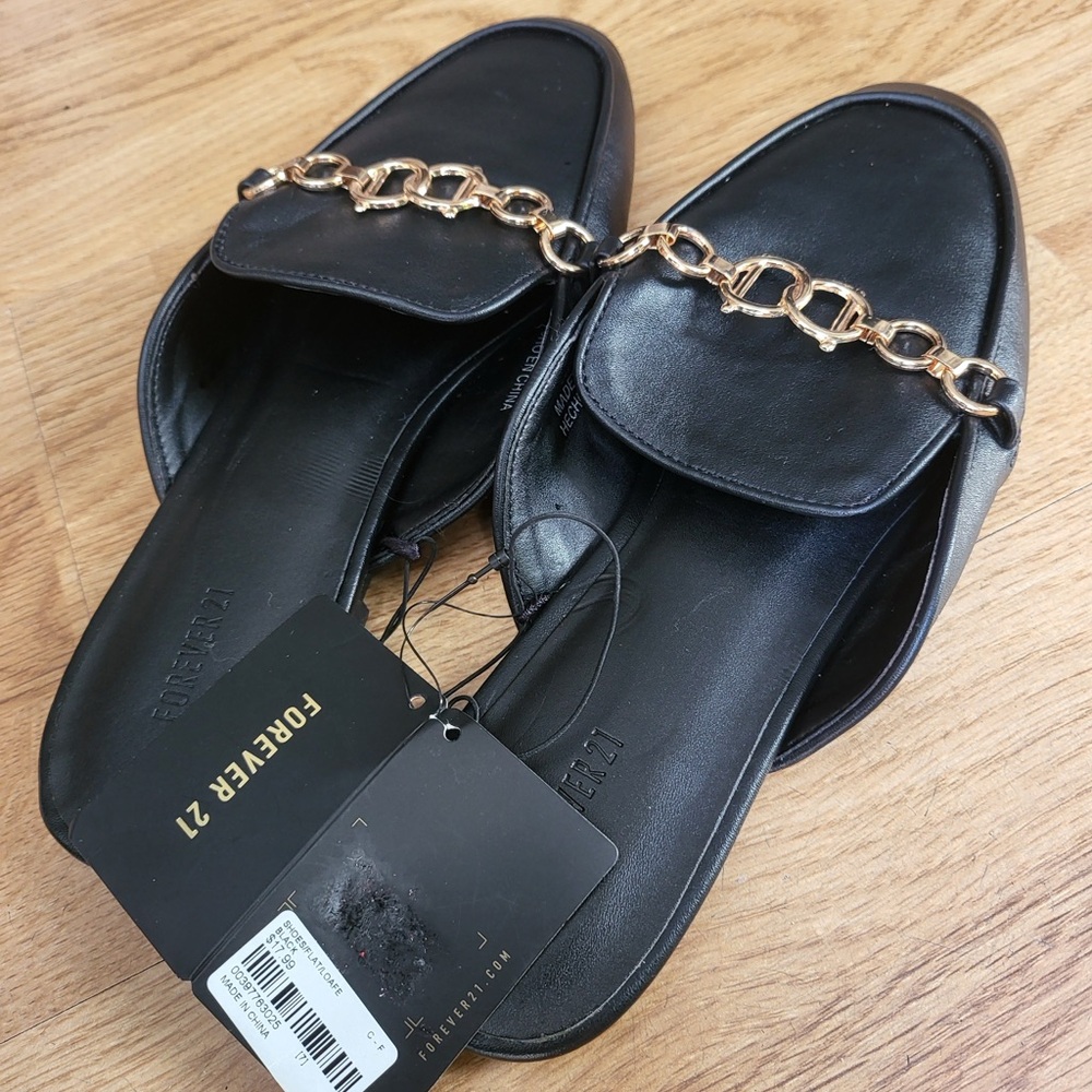 Forever 21 Black Loafers with Gold Chain Accent